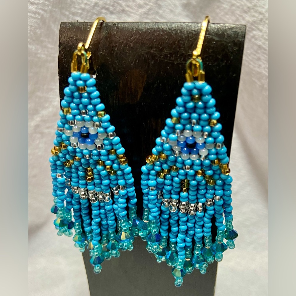 Heavenly Blue Fortune Teller Beaded Artisan Earrings - Picture 2 of 3